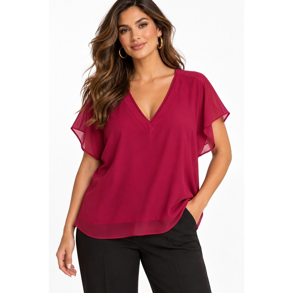 Les Serein Women XL Berry Pink V-Neck Mixed Media Chiffon Blouse NWT